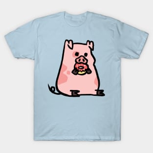 Cute Cartoon Piggy Munching Donut T-Shirt
